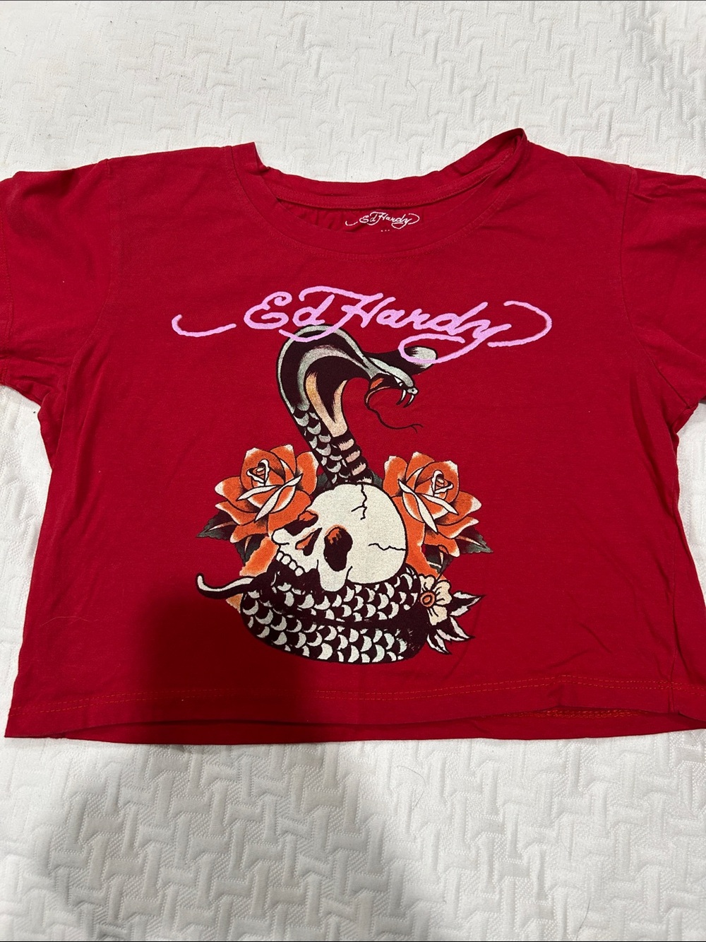 Ed Hardy Red Kids Short Sleeve Tee with Snake, Skull & Roses
